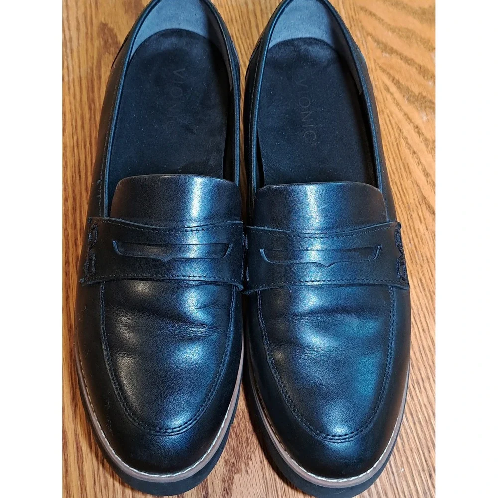 Vionic Cheryl II Black Leather Penny Loafers Slip-On Flat Shoes 9.5